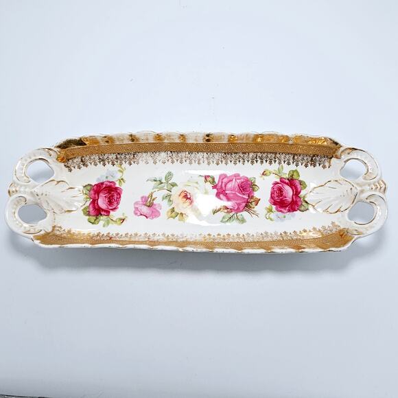 Antique Celery Tray Made in Germany Gold Trim Hand Painted Roses - Picture 1 of 7